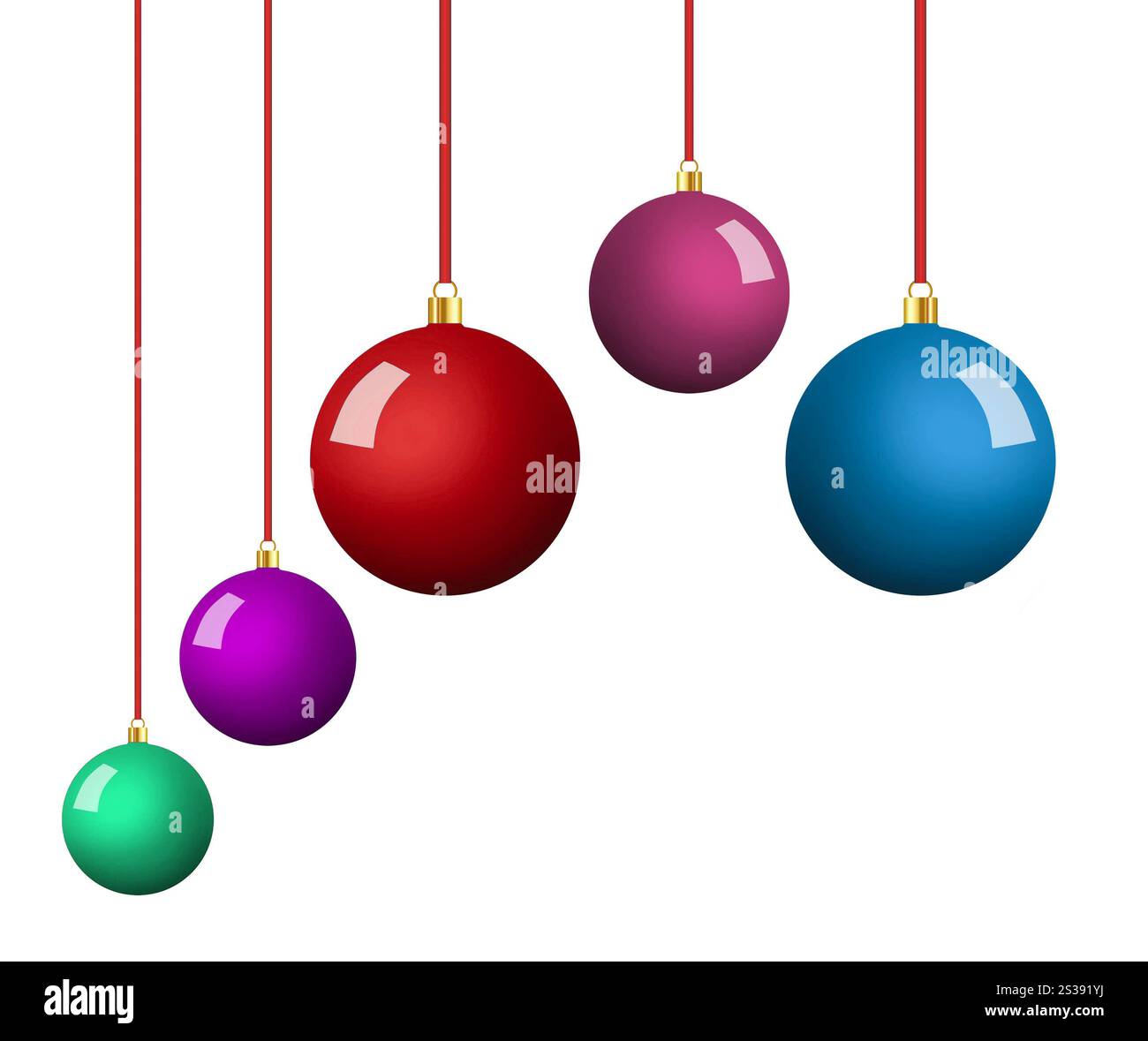 Palle di Natale appese isolate su sfondo bianco. Palle di Natale appese isolate Foto Stock