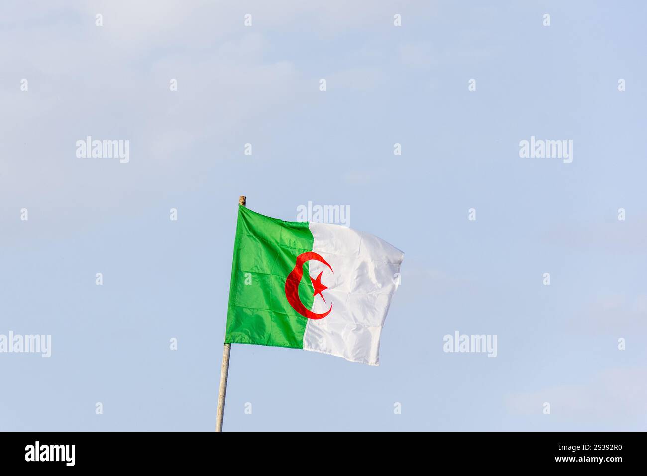 Bandiera dell'Algeria contro un cielo limpido. Foto Stock