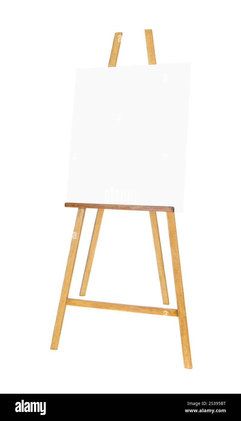 Cavalletto in legno con cartello in tela bianca isolato Foto Stock
