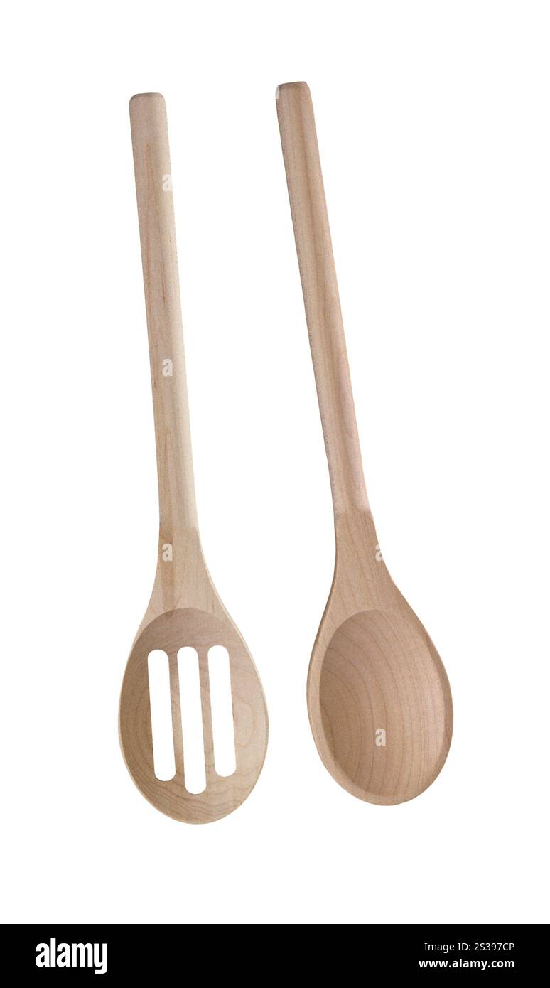 Utensili da cucina in legno isolati Foto Stock