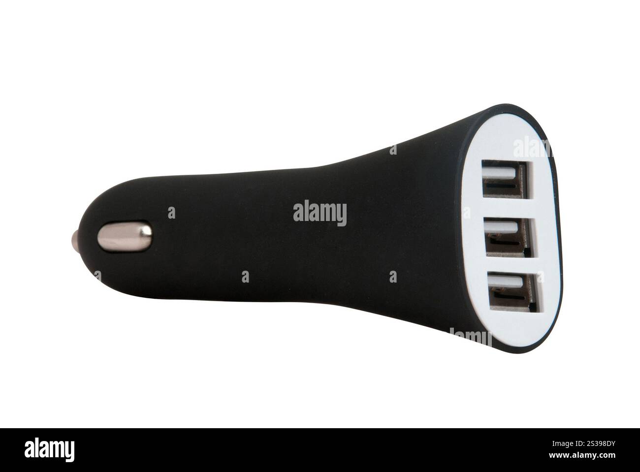 Caricabatterie per auto con dispositivo elettronico USB nero isolato su bianco. Caricabatterie per auto con dispositivo elettronico USB nero Foto Stock
