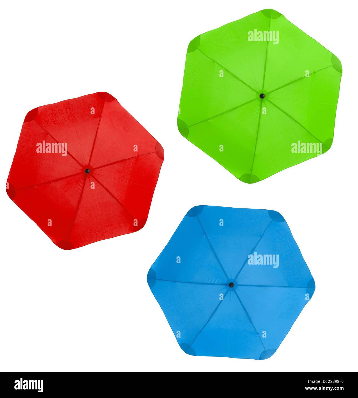 Ombrello retroilluminato isolato su sfondo bianco. Ombrello retroilluminato Foto Stock