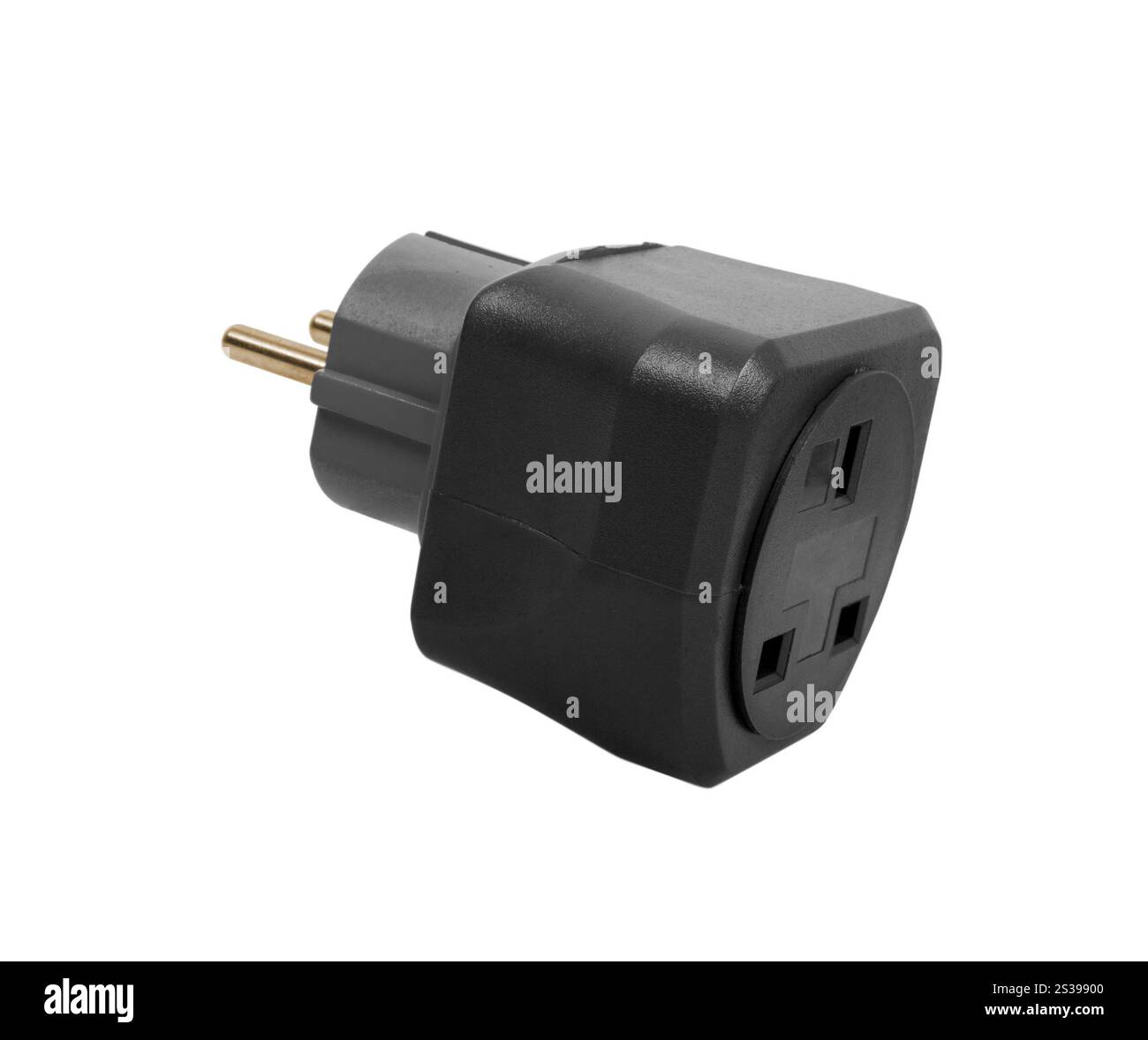 Adattatore da viaggio con spina di alimentazione, isolato su sfondo bianco. Adattatore da viaggio della spina di alimentazione Foto Stock