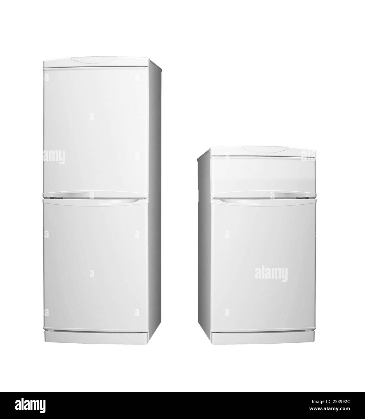 Moderno frigorifero isolato su sfondo bianco. Frigorifero grande e piccolo isolato Foto Stock