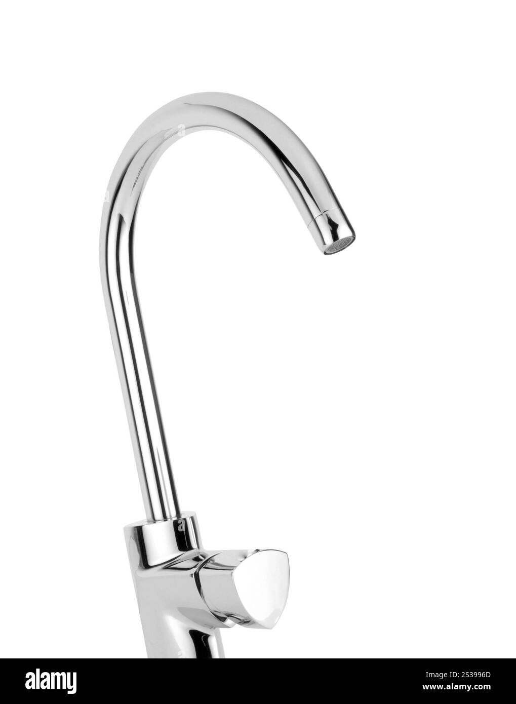 Moderno rubinetto in acciaio inox isolato su sfondo bianco. Moderno rubinetto in acciaio inox Foto Stock