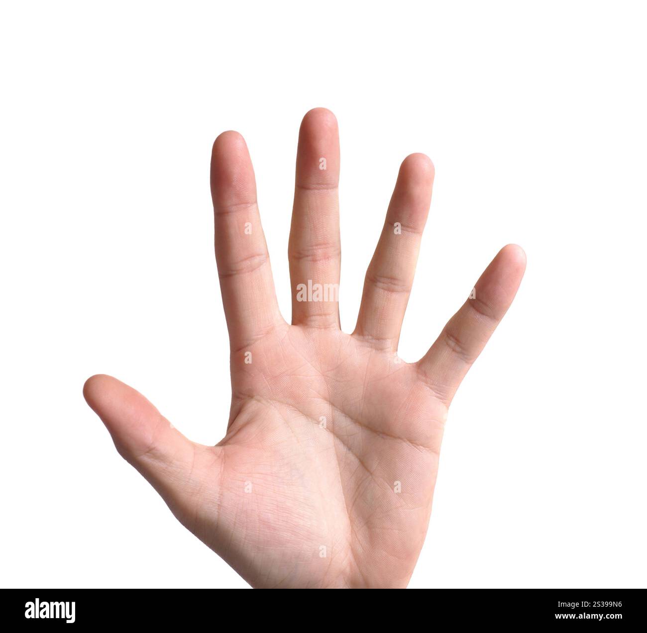 simbolo della mano che significa cinque su sfondo bianco. simbolo della mano che significa cinque Foto Stock