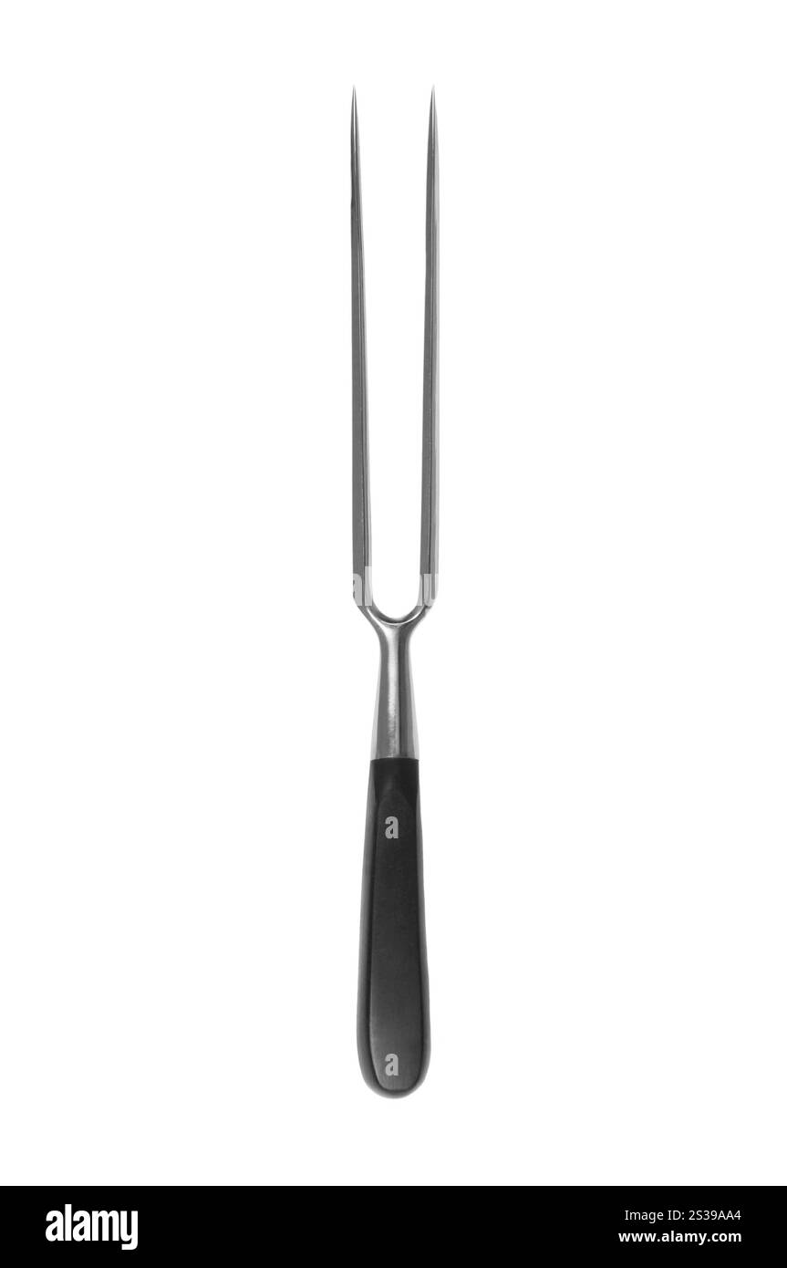Forca da intaglio in acciaio inox isolata su sfondo bianco. Forca da intaglio in acciaio inox Foto Stock