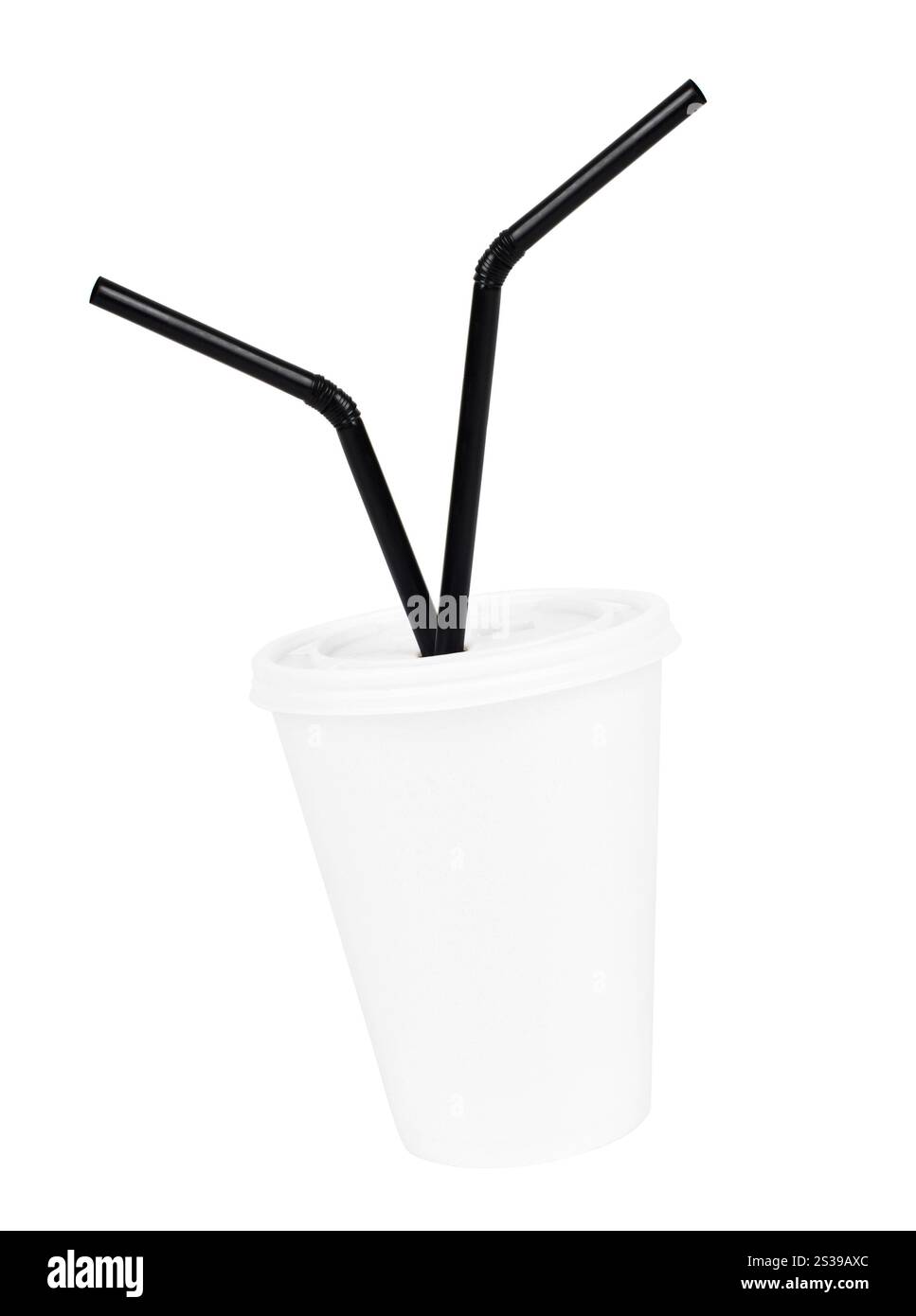 Tazza di carta bianca e cannuccia nera isolata. tazza di carta e cannuccia nera Foto Stock