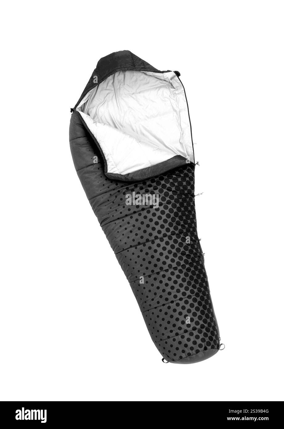 Sacco a pelo utilizzato per mantenere caldo durante i viaggi in campeggio isolato su sfondo bianco. Sacco a pelo usato per tenersi al caldo durante i viaggi in campeggio Foto Stock