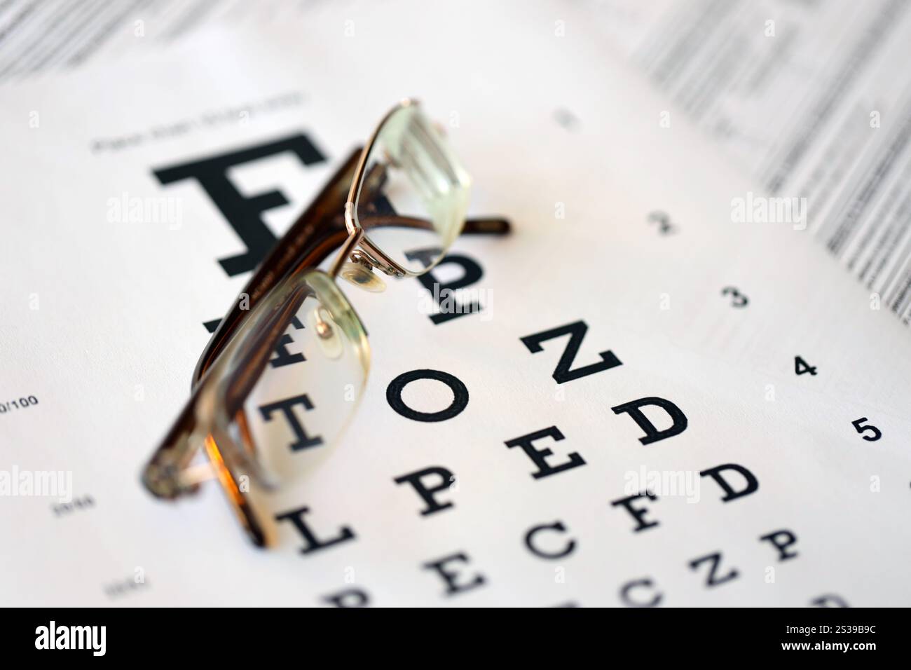 occhielli macchiati sul grafico di test della vista isolati su bianco. concetto di oftalmologia per esame oculistico. Occhiali nella tabella degli esami oculari su un bianco Foto Stock