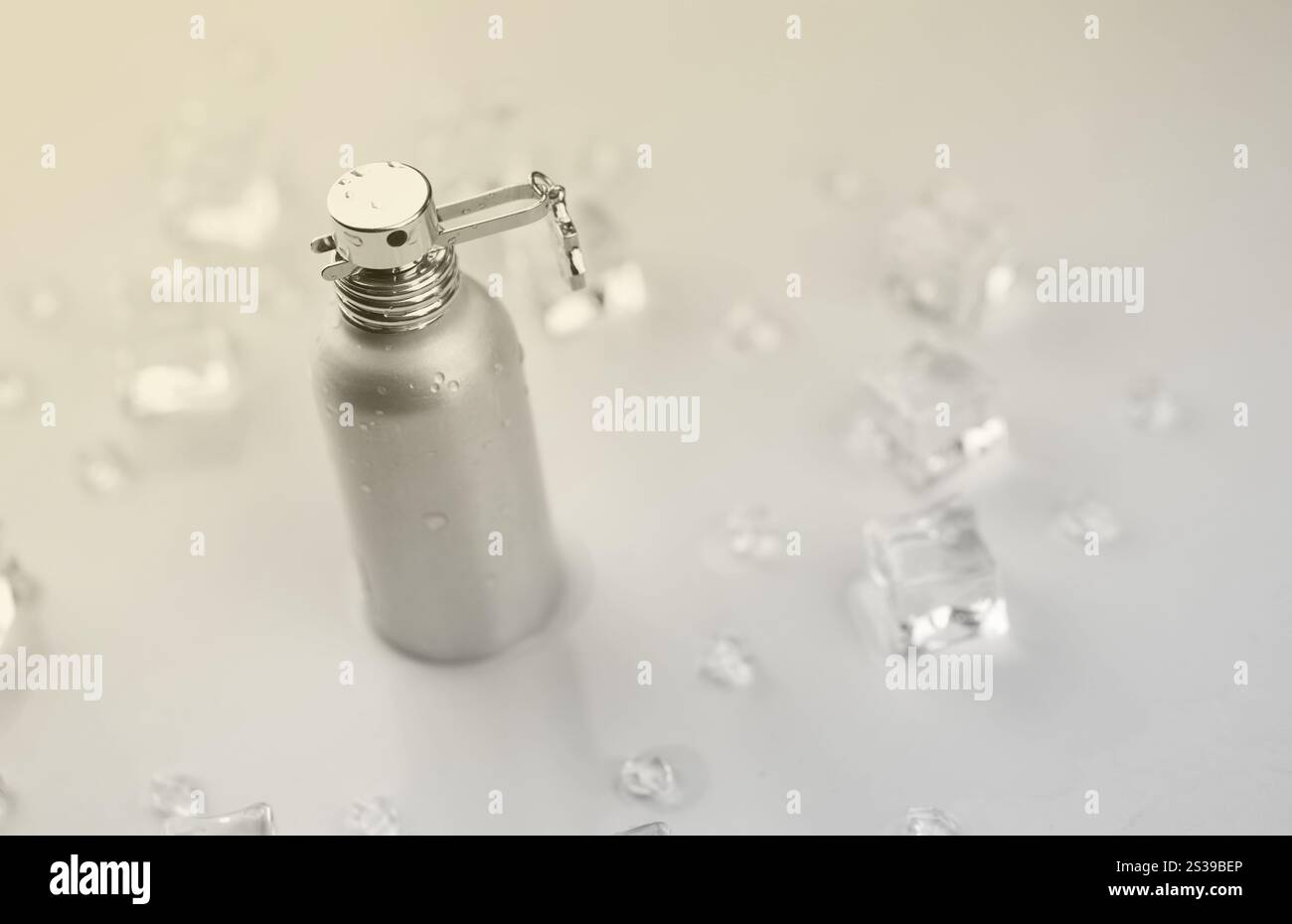 Bottiglia argentata di profumo femminile, Fotografia obiettivo di bottiglia di profumo metallico in cubetti di ghiaccio e acqua su tavola bianca. Vista dall'alto. Prodotto mockup Foto Stock