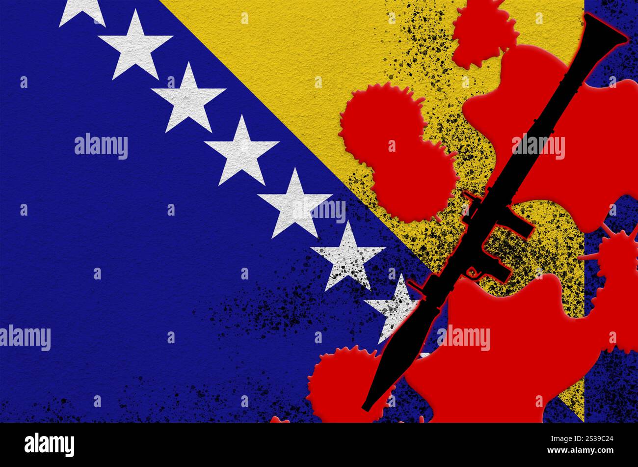 Bandiera della Bosnia ed Erzegovina e lanciagranate a razzo RPG-7 nero a sangue rosso. Concetto di attacco terroristico o operazioni militari con Foto Stock