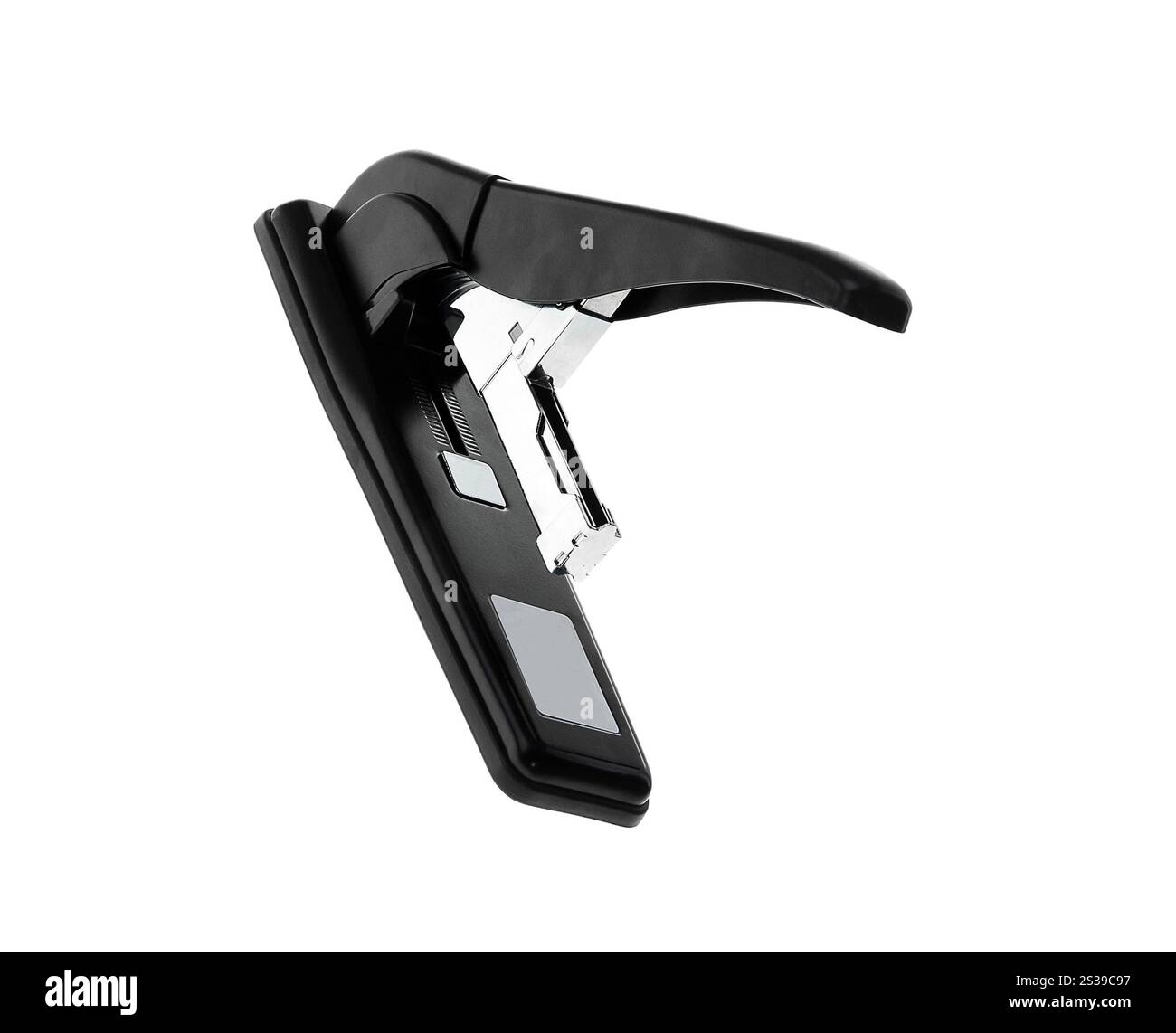 Cucitrice professionale nera isolata su sfondo bianco. Cucitrice professionale nera Foto Stock