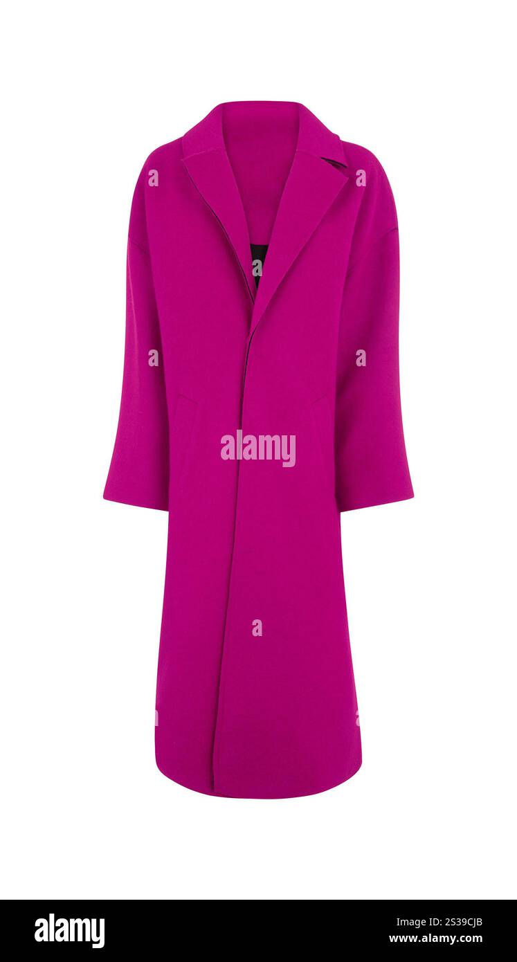 Rosa elegante cappotto autunnale donna isolato bianco. Viola elegante cappotto autunnale donna isolato bianco Foto Stock