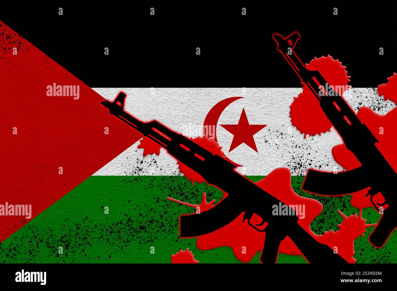 Bandiera del Sahara occidentale e due fucili neri AK-47 a sangue rosso. Concetto di attacco terroristico o operazioni militari con esito letale. Arma pericolosa Foto Stock