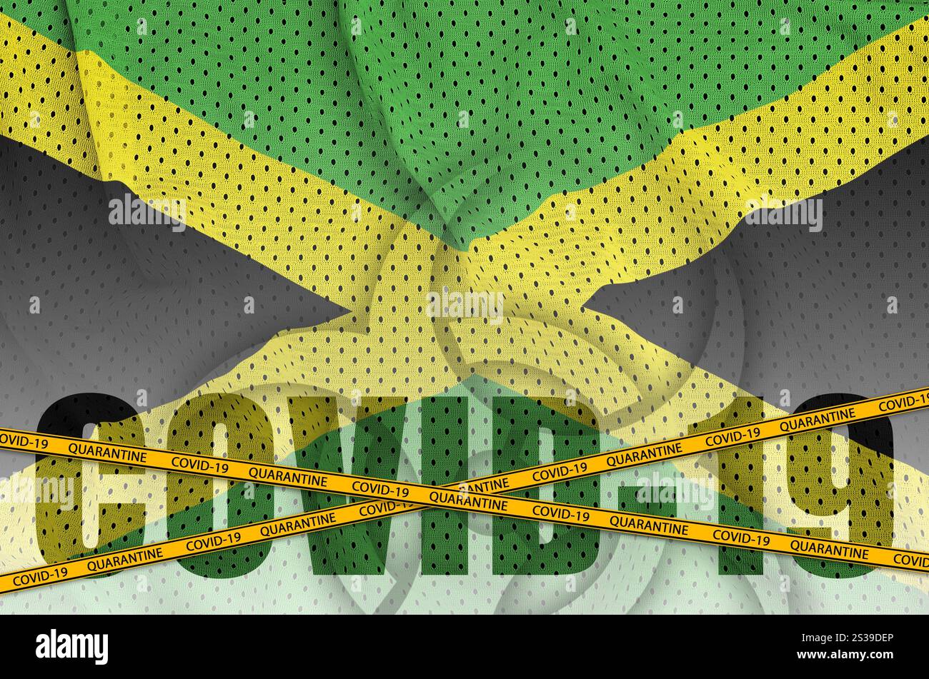 Bandiera Giamaica e iscrizione Covid-19 con nastro arancione di quarantena confine. Coronavirus o pandemia 2019-nCoV virus concetto. Bandiera della Giamaica e Covid-19 Foto Stock