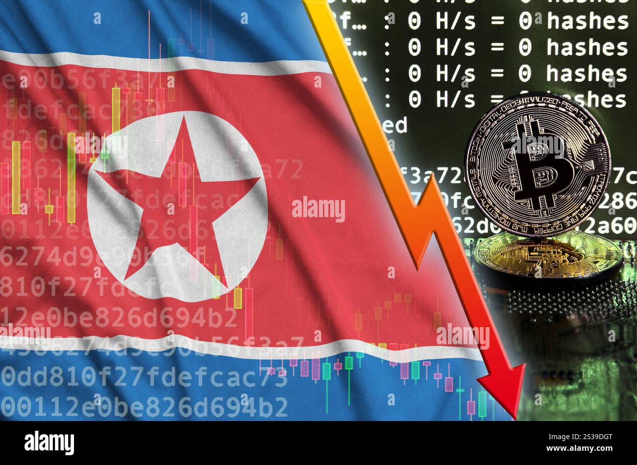 Bandiera della Corea del Nord e freccia rossa in caduta sullo schermo di estrazione di bitcoin e due bitcoin d'oro fisici. Concetto di bassa conversione nel mining di criptovalute. Foto Stock