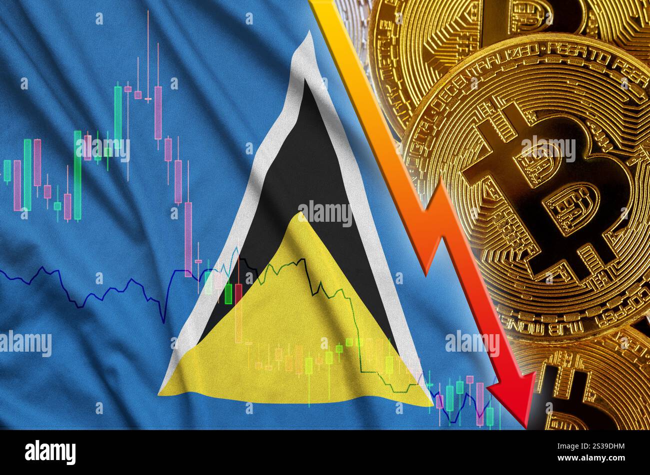 Bandiera di Santa Lucia e criptovaluta in calo con molti bitcoin dorati. Concetto di riduzione Bitcoin in prezzo o cattiva conversione in Foto Stock