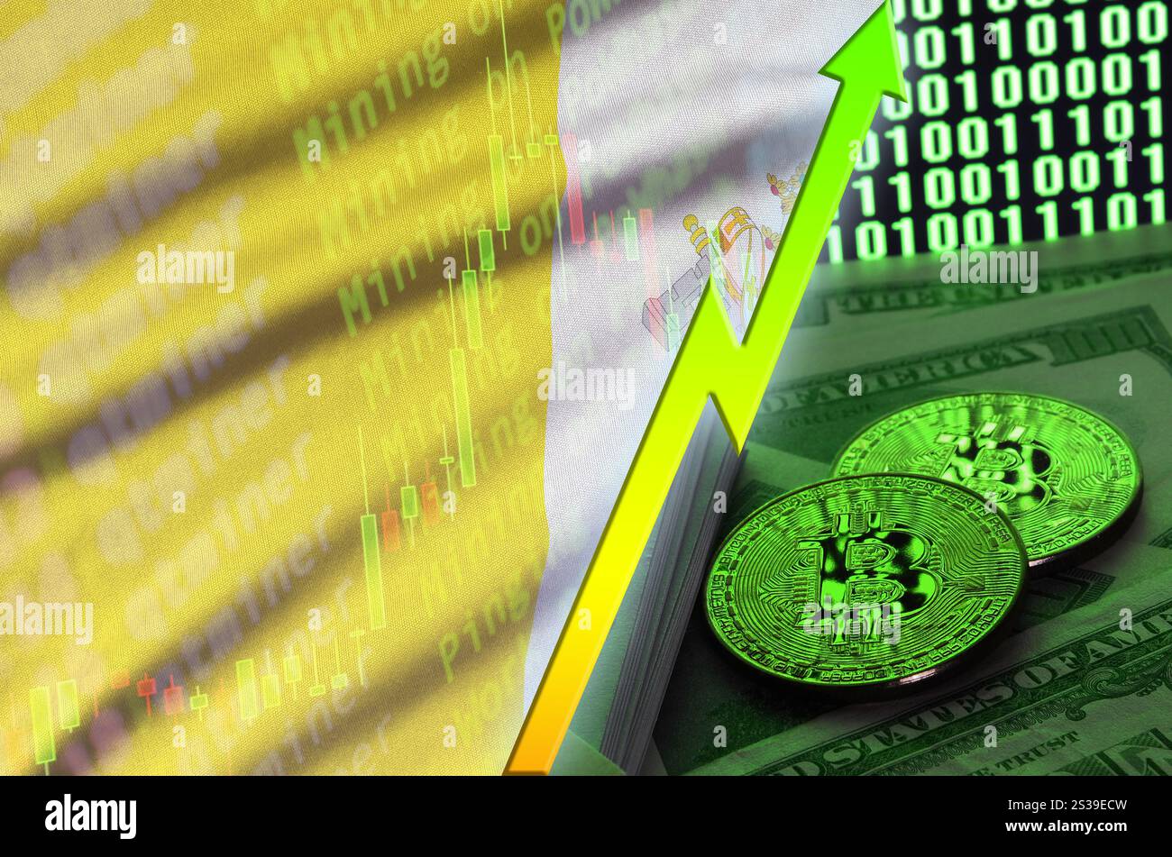La bandiera dello Stato della città del Vaticano e la criptovaluta sono in crescita con due bitcoin sulle banconote in dollari e visualizzazione del codice binario. Concetto di aumentare Bitcoin in Foto Stock