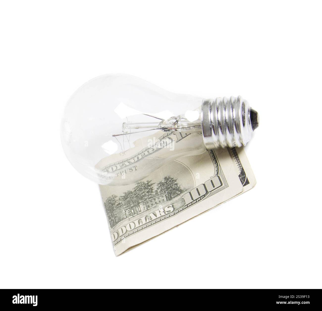 bilb luminoso con dollari isolati su sfondo bianco. bilb leggero con dollari Foto Stock