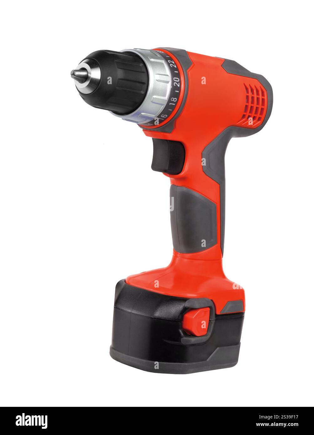 Avvitatore a batteria isolato su sfondo bianco. Avvitatore a batteria Foto Stock