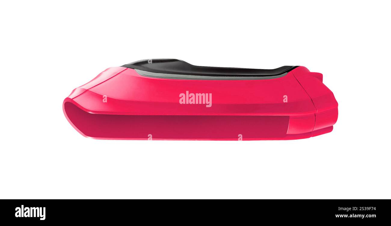 contenitore in plastica rosso su sfondo bianco. contenitore in plastica viola su sfondo bianco Foto Stock