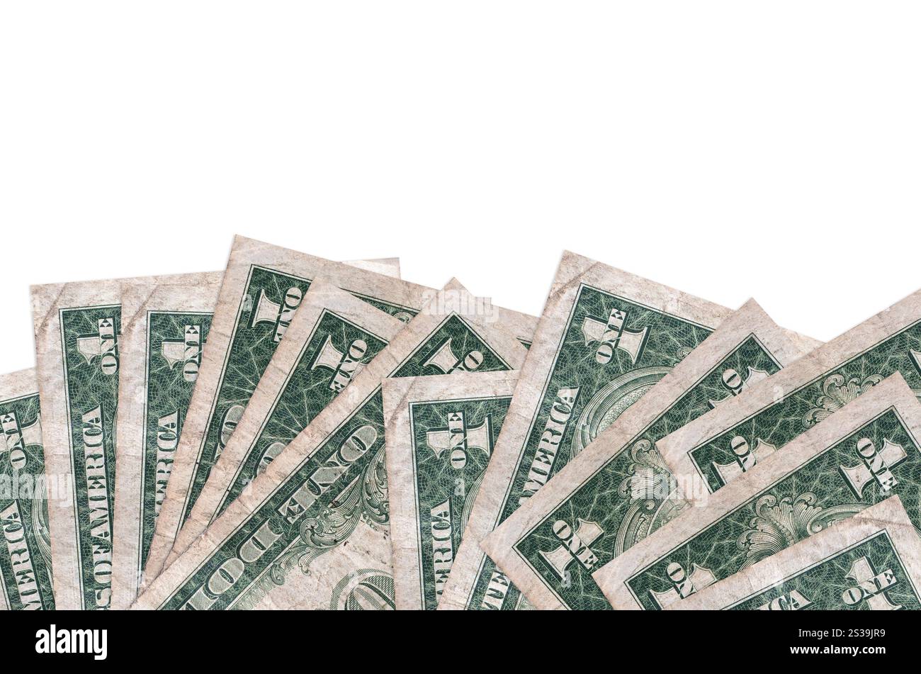 Le banconote da 1 dollaro USA si trovano sul lato inferiore dello schermo, isolate su sfondo bianco con spazio di copia. Modello banner di sfondo per i concetti aziendali con Foto Stock