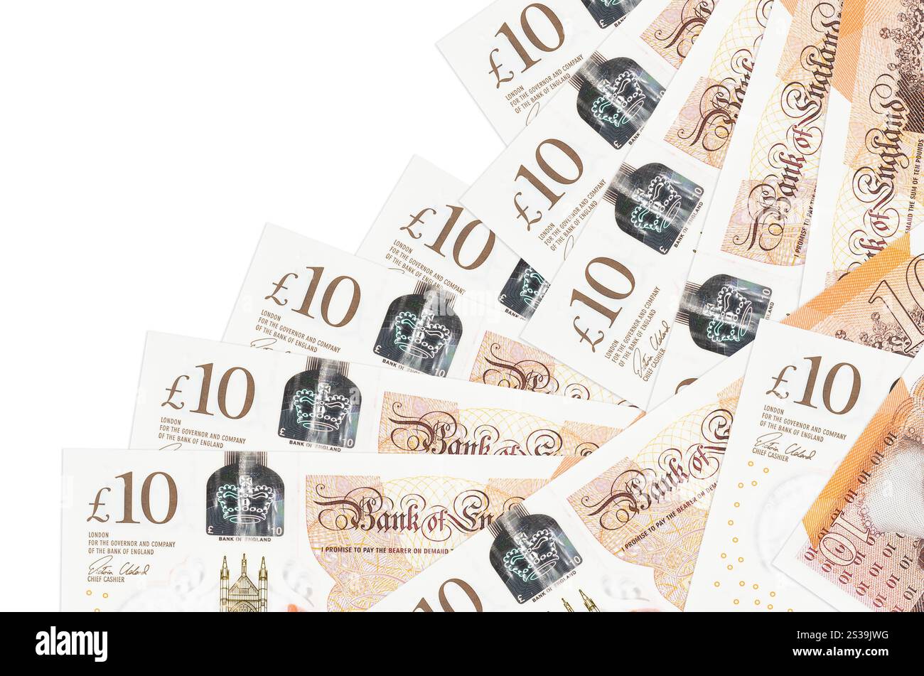 Le banconote da 10 sterline britanniche sono in ordine diverso isolate sul bianco. Concetto di banca locale o di creazione di denaro. Banner di sfondo aziendale. 10 inglesi Foto Stock