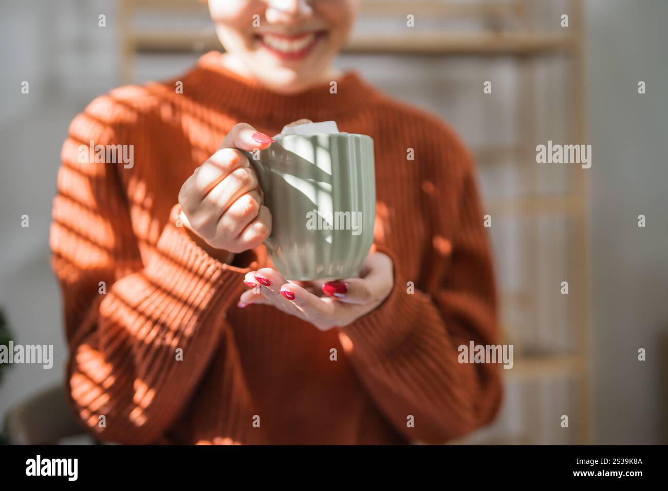 Donna che regge una tazza di cacao aromatico con marshmallow. La vigilia di Natale con una tazza di gustosa cioccolata calda atmosfera accogliente per le vacanze a casa. Foto Stock