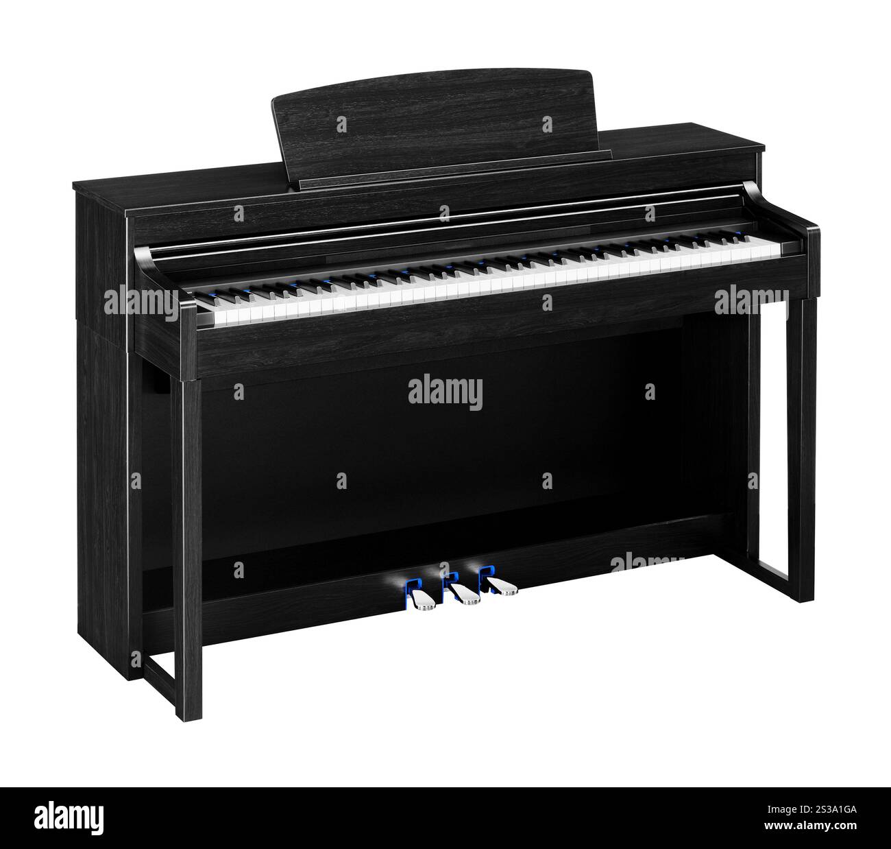 Vero pianoforte a coda nero isolato sul bianco. Vero pianoforte a coda nero Foto Stock