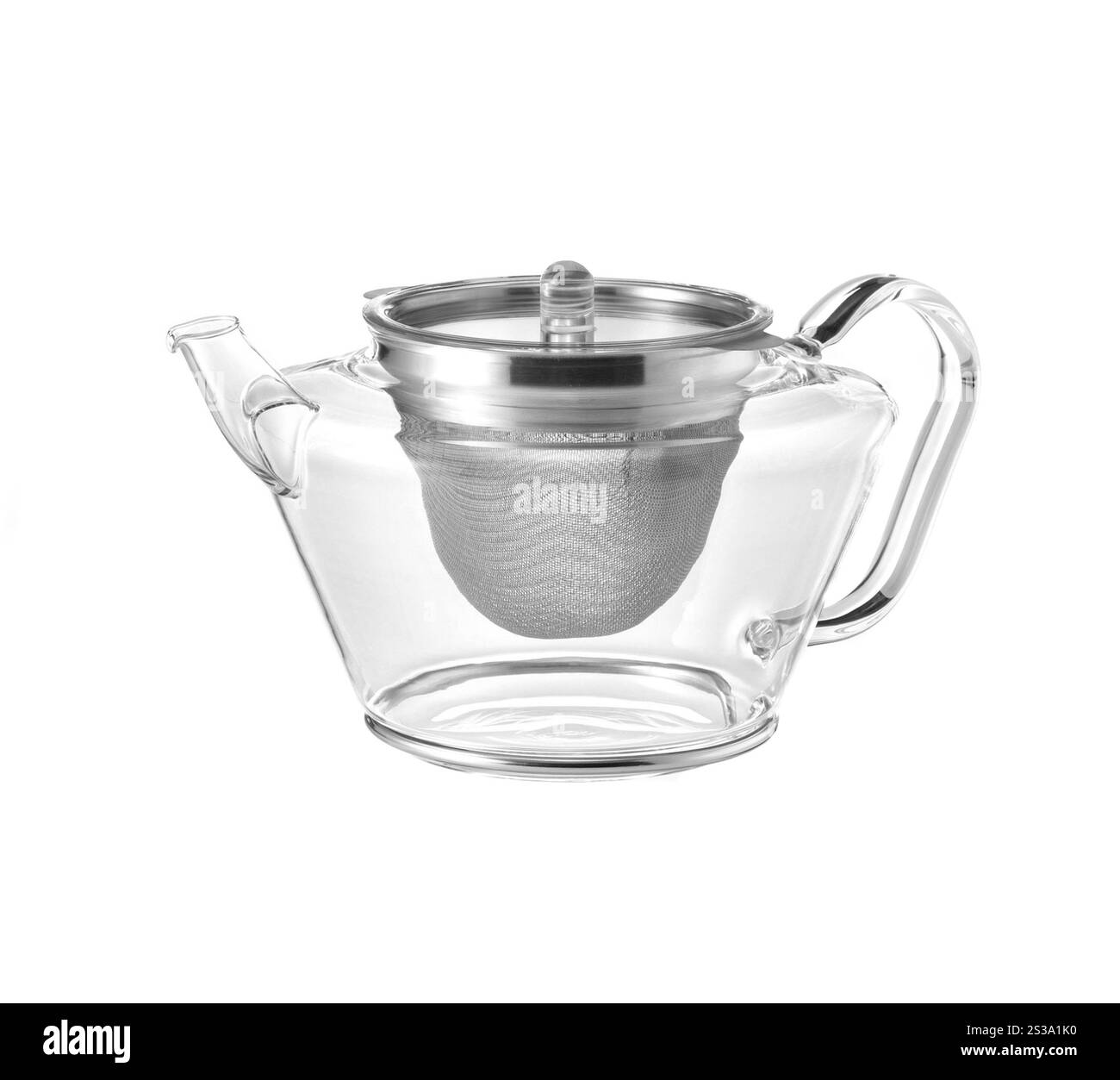 Teiera in vetro su sfondo bianco. Teiera in vetro Foto Stock