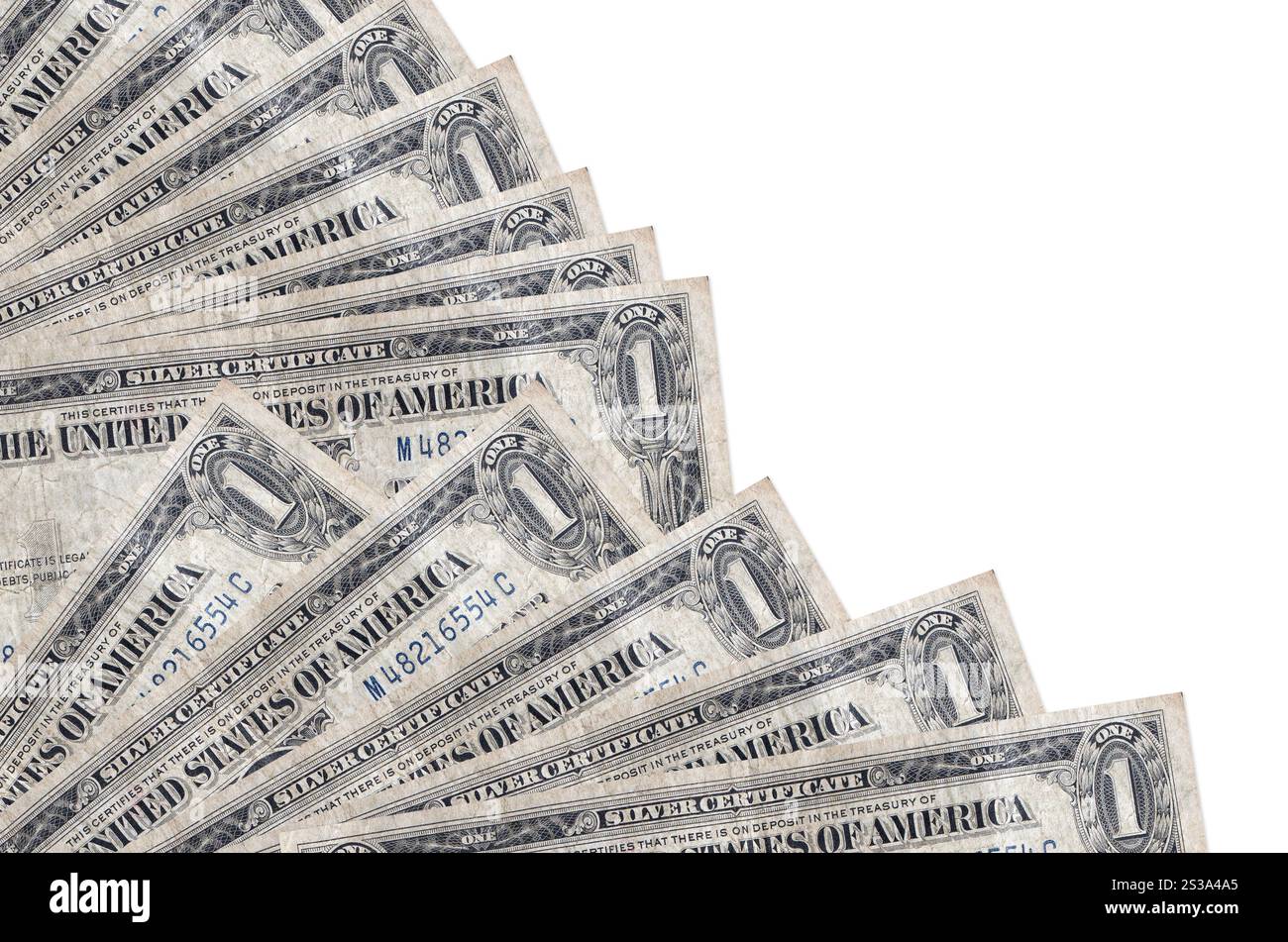 Le banconote da 1 dollaro USA sono isolate su sfondo bianco con spazio di copia impilato nel primo piano della ventola. Concetto di tempo del giorno di paga o operazioni finanziarie. 1 dollaro USA Foto Stock
