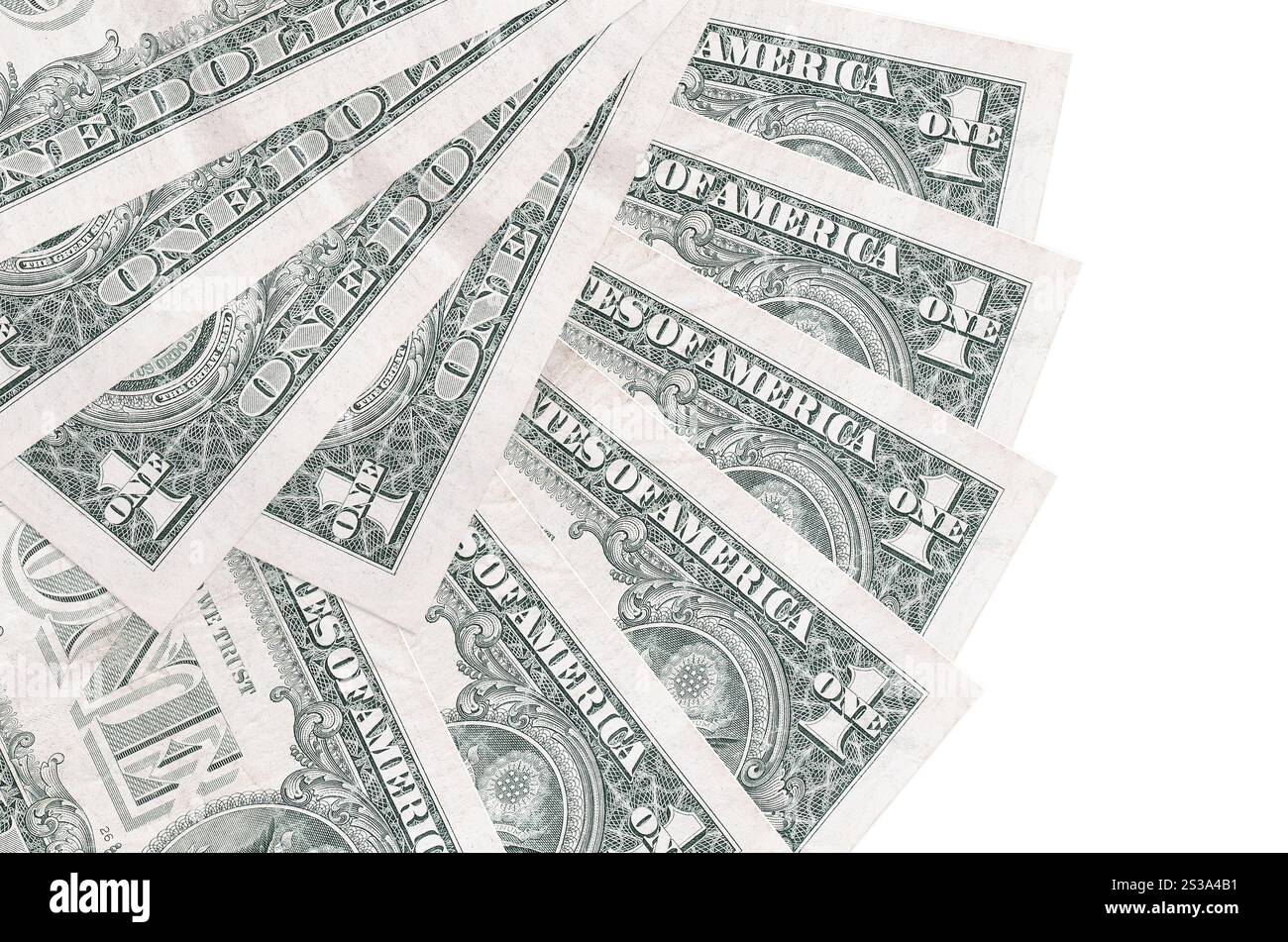 Le banconote da 1 dollaro USA sono isolate su sfondo bianco con spazio di copia impilato in primo piano a forma di ventola. Concetto di transazioni finanziarie. Banconote da 1 dollaro Foto Stock
