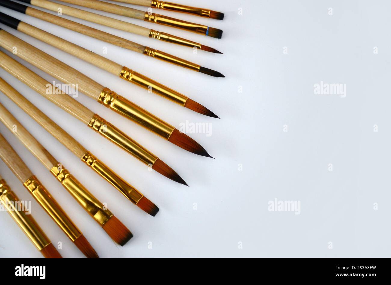 Una selezione di pennelli arancioni con dimensioni diverse su una superficie bianca, strumenti artistici di sfondo per la pittura del volto. Una selezione di pennelli arancioni con Foto Stock