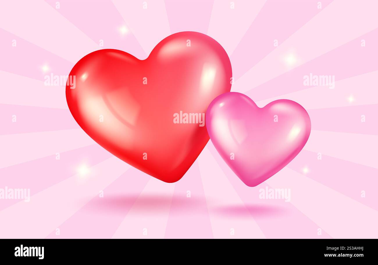 Icone vettoriali di cuori rosa e rosso per San Valentino in realistico stile 3D. Banner Vector Realistic con cuore su sfondo rosa. Illustrazione Vettoriale