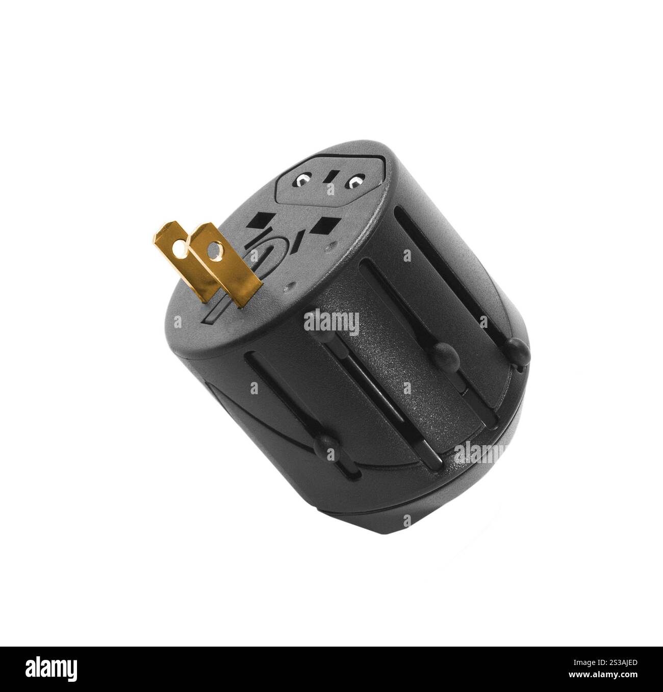 Adattatore da viaggio con spina di alimentazione, isolato su sfondo bianco. Adattatore da viaggio della spina di alimentazione Foto Stock