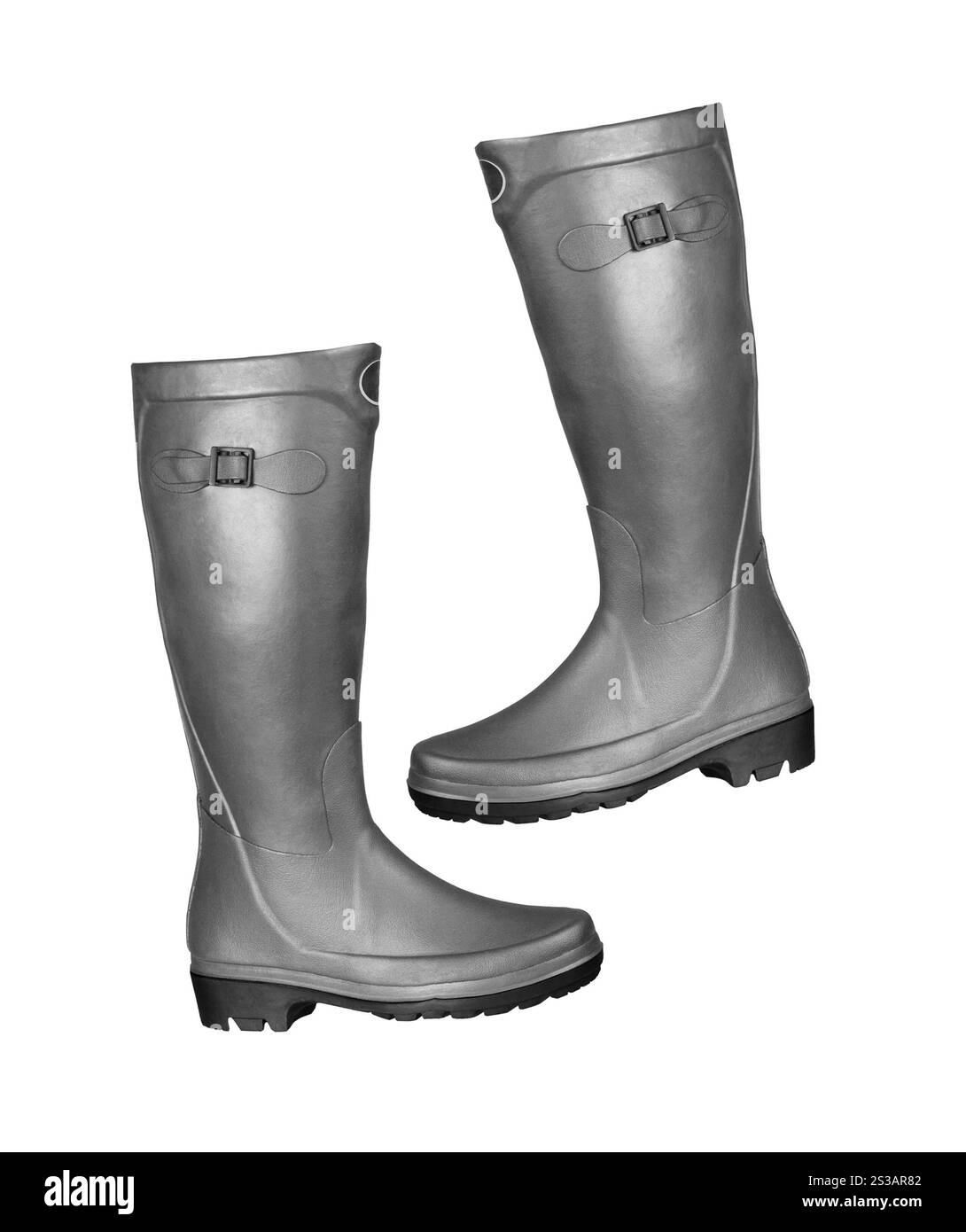 stivali in gomma isolati su sfondo bianco. parapolvere in gomma Foto Stock