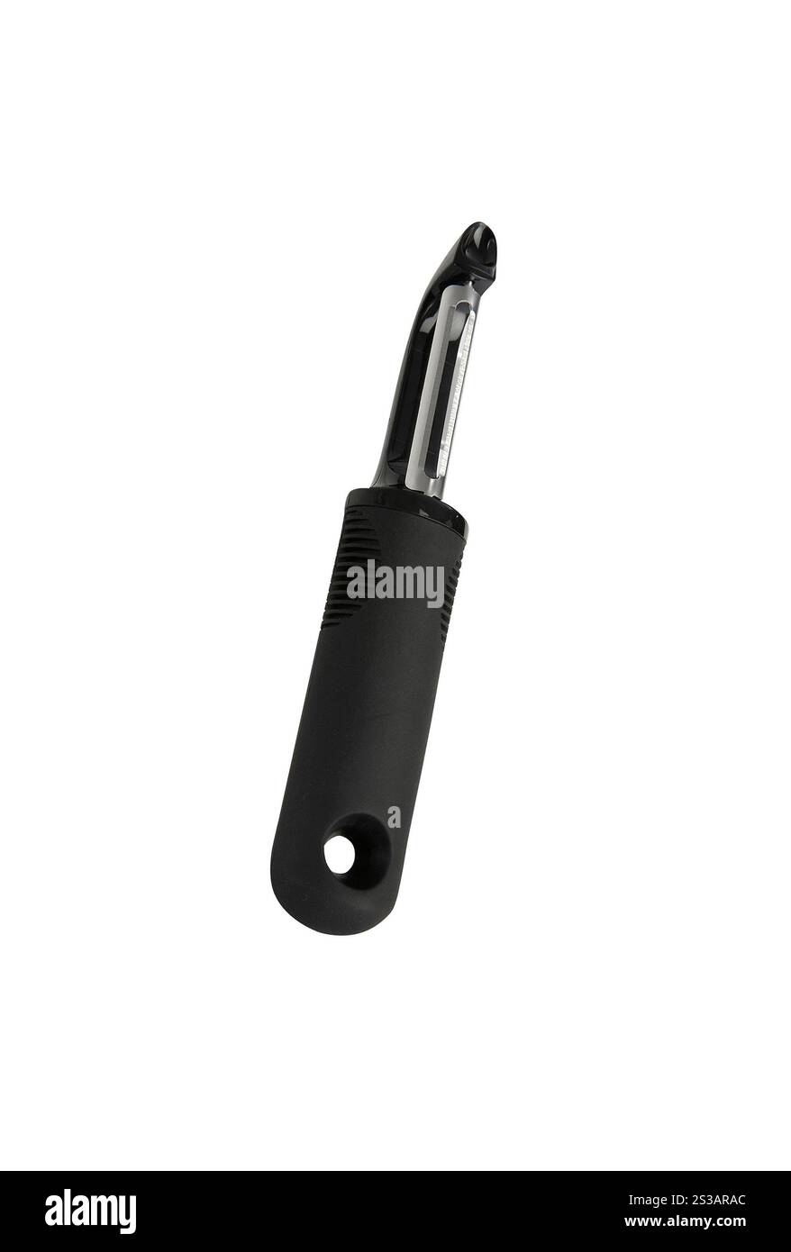 pelapatate di plastica nera isolato su bianco. pelapatate di plastica nera Foto Stock