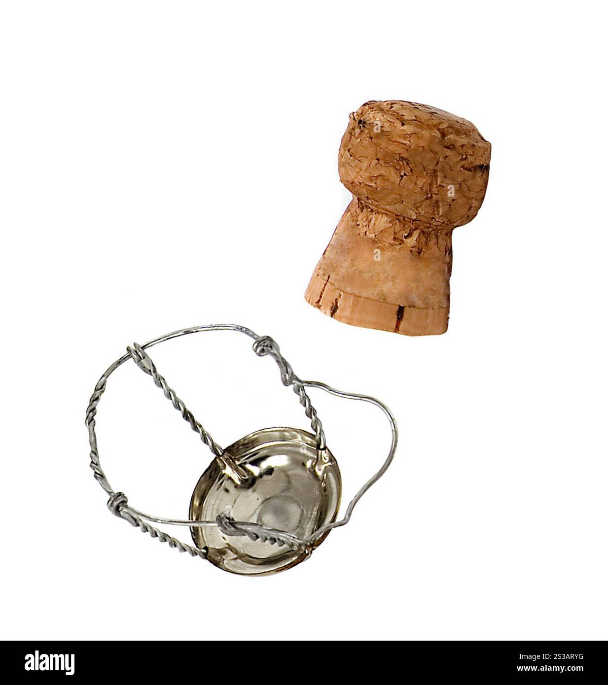 Champagne sughero isolato su sfondo bianco. Champagne Cork Foto Stock