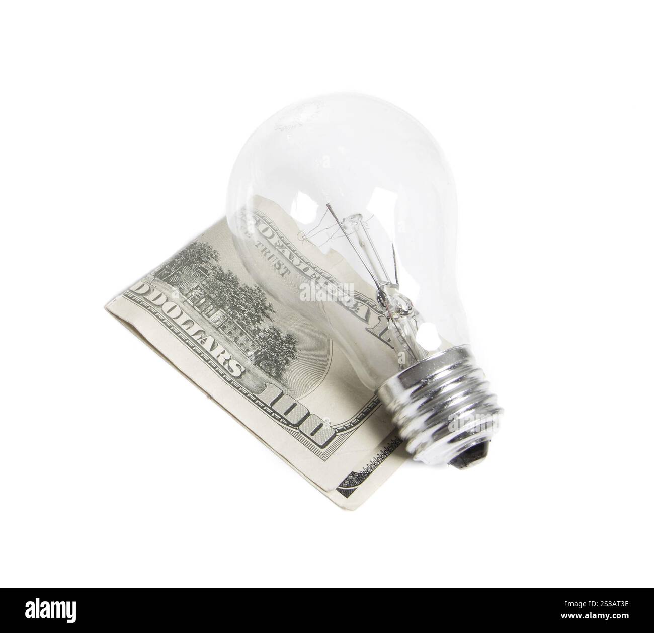 bilb luminoso con dollari isolati su sfondo bianco. bilb leggero con dollari Foto Stock