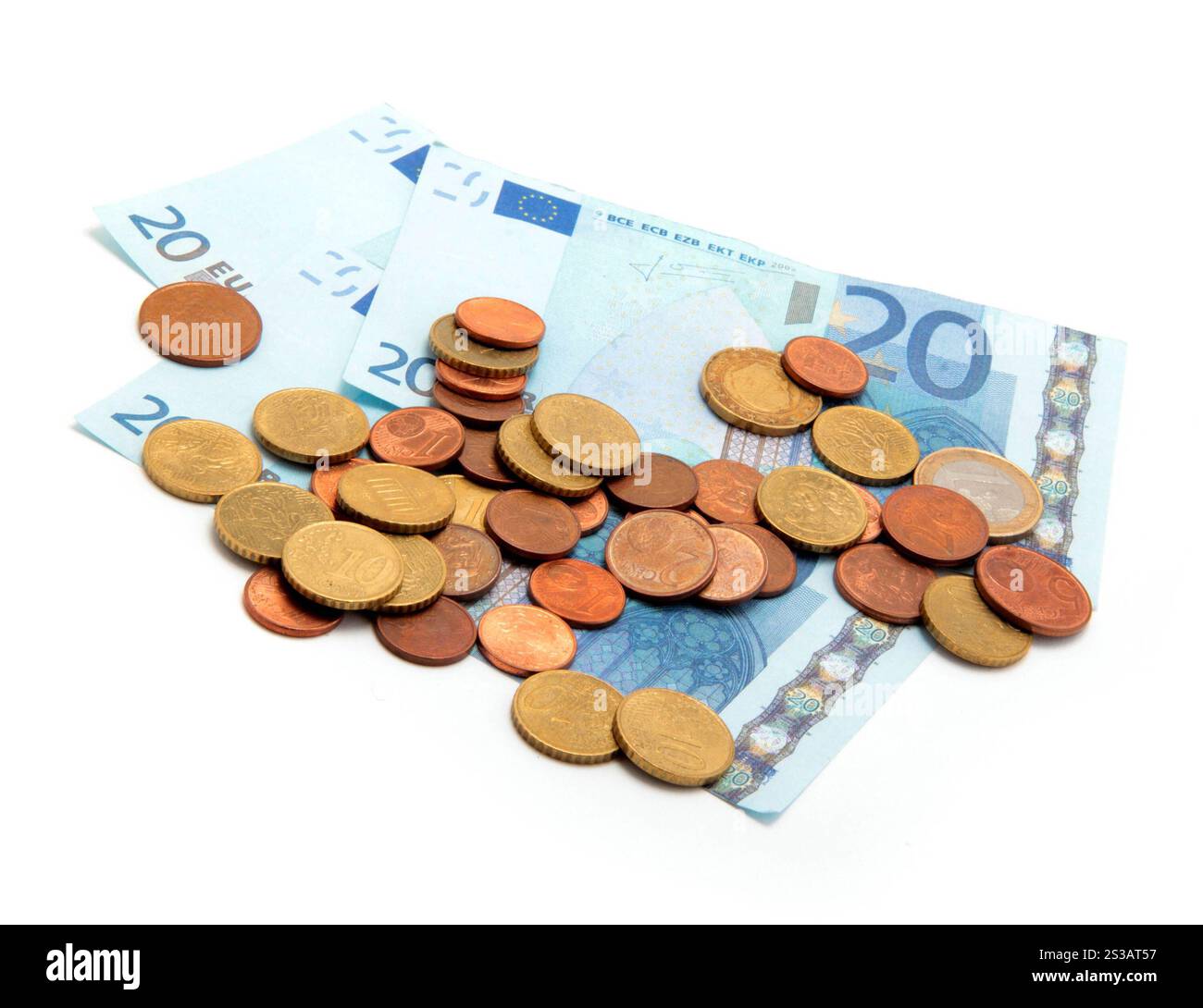 monete ed euro isolati su sfondo bianco. monete e euro Foto Stock