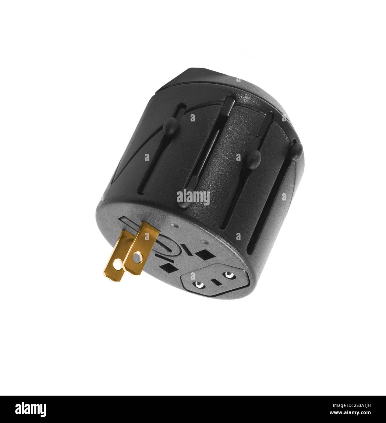 Adattatore da viaggio con spina di alimentazione, isolato su sfondo bianco. Adattatore da viaggio della spina di alimentazione Foto Stock