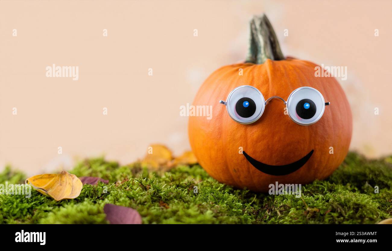 Una singola zucca con un viso sorridente dipinto e grandi occhi goognosi poggia su un letto di muschio verde davanti a uno sfondo sfocato del fogliame autunnale. Foto Stock