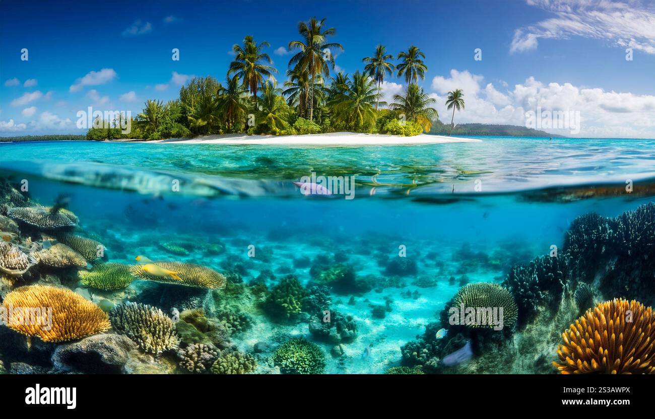 La vibrante barriera corallina sotto la superficie cristallina dell'Oceano vicino al Tropical Island Paradise Foto Stock