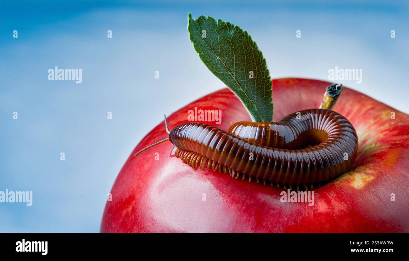 Un millipede, con un corpo segmentato marrone e rosa, si arriccia intorno alla parte superiore di una mela rossa. La mela è rossa brillante e ha un'area gialla in cima. Il Foto Stock