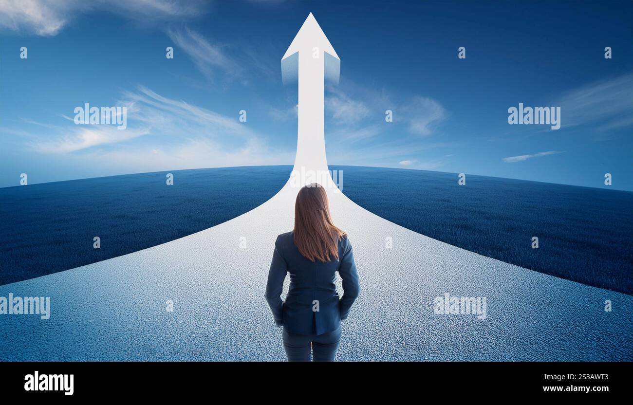 Una persona è posizionata all'inizio di un percorso curvo e liscio che conduce a una grande freccia rivolta verso l'alto. Il percorso e la freccia sono Foto Stock