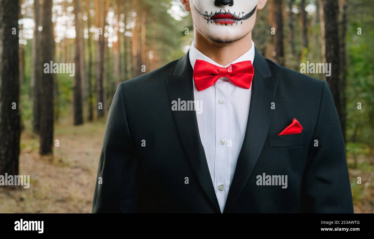 Un giovane con un abito nero e un copricapo rosso si erge in una foresta, strisciando con un ampio sorriso toothy e indossando un fantastico trucco di Halloween che include Foto Stock