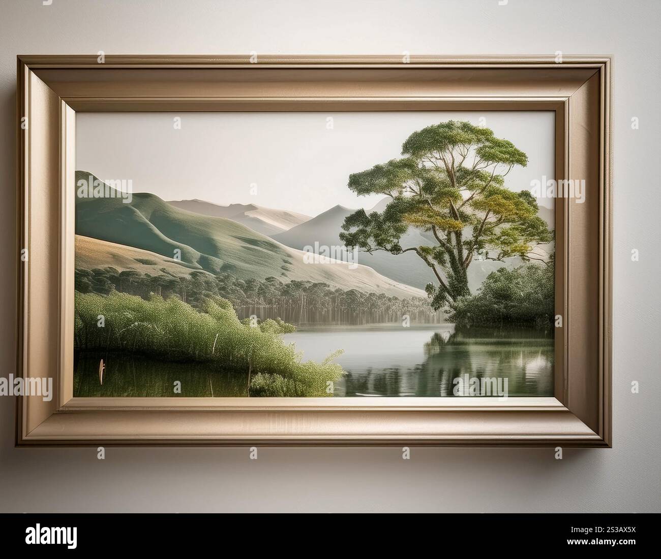 Immagine ravvicinata di un'immagine incorniciata su una parete, che illustra arredamento personale, arte e fascino visivo. Immagine incorniciata su un muro, che illustra un aspetto personale Foto Stock