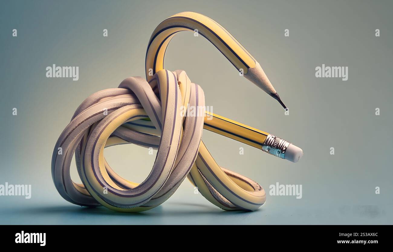 Un'immagine unica e accattivante di una piega a matita legata in un nodo su uno sfondo semplice. Questa rappresentazione creativa simboleggia la flessibilità e. Foto Stock