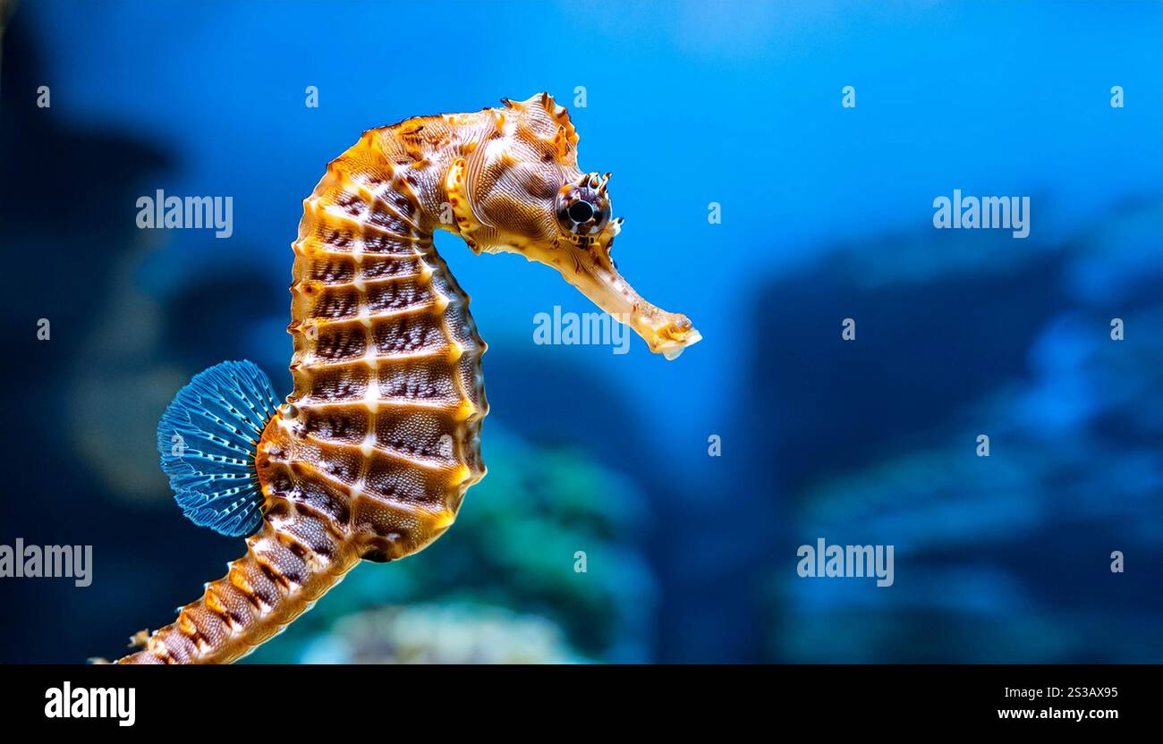 Primo piano di un cavalluccio marino che enfatizza la sua particolare forma della carrozzeria, la coda di contenimento e i dettagli intricati. Perfetto per biologia marina, vita oceanica e. Foto Stock